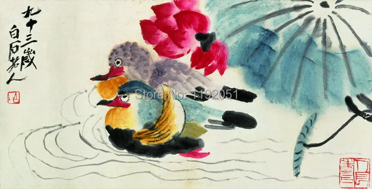 

scenery paintings tradtional Chinese style love birds under lotusmasterpiece reproduction 93 years old man works mural prints