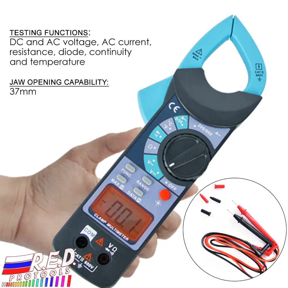 Digital Clamp Meter DC AC Voltage AC Current Resistance Diode Audible Continuity Temperature w/ 1999 Reading + 37mm Jaw Opening