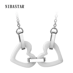 Fashion White Ceramic Double Heart Pendants Necklace Stainless Steel Link Chain Choker Necklace Women Jewelry Collier