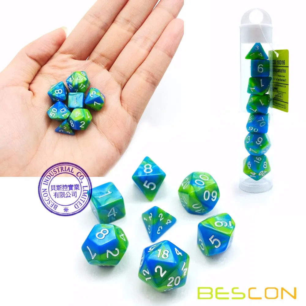 

Bescon Mini Gemini Two Tone Polyhedral RPG Dice Set 10MM, Small Mini RPG Role Playing Game Dice Set D4-D20 in Tube, Aquamarine