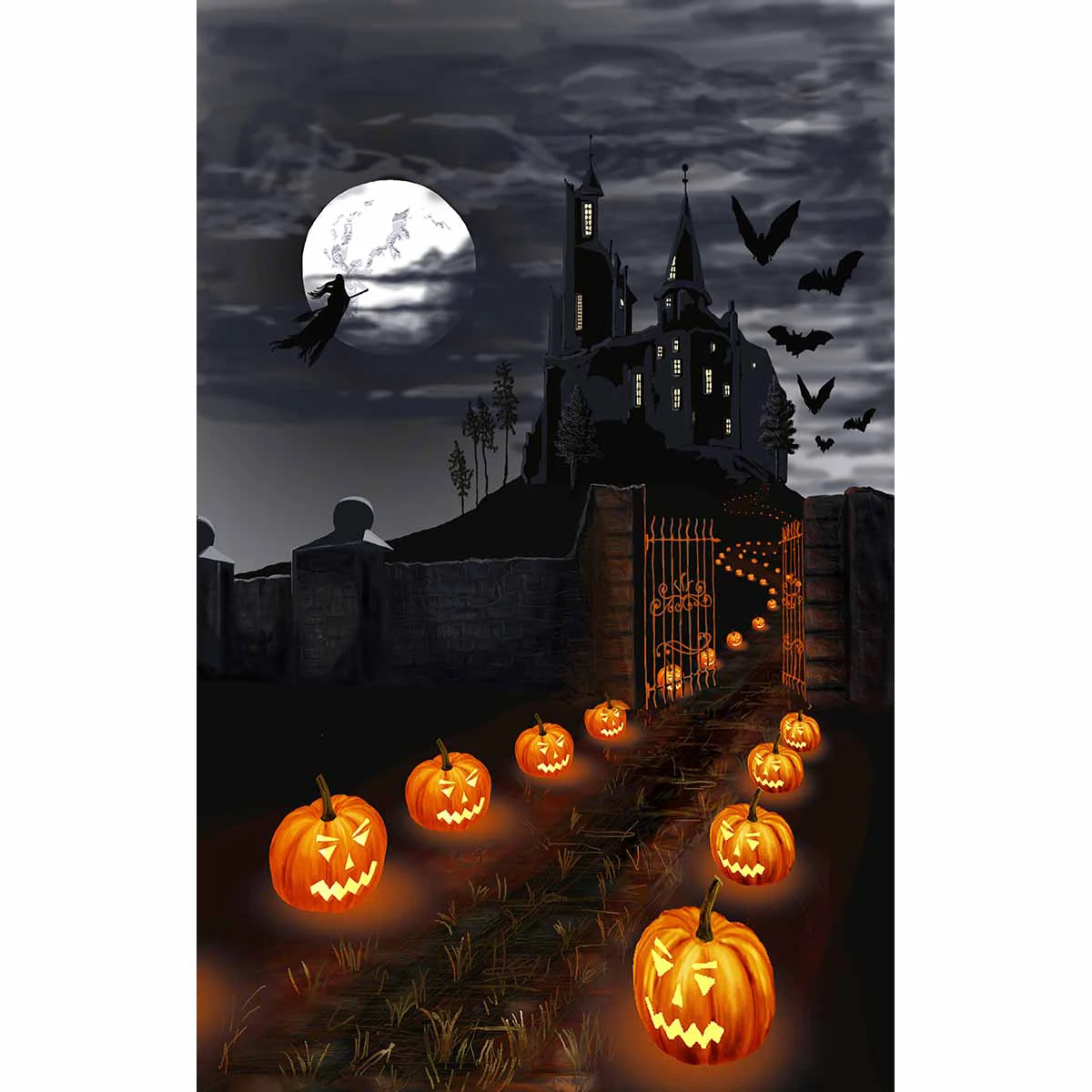 Allenjoy Halloween Backdrops Photophone Castle Witch Pumpkin Lamps Path Night Moon Photography Backgrounds for Kids Photocall