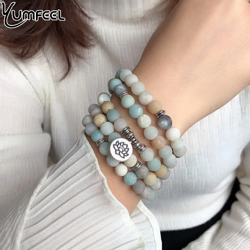 Yumfeel Natural Stone Bracelet 108 Mala Yoga Matte Amazonite Stone OM Lotus Flower Buddha Bracelet & Necklace Stone Jewelry