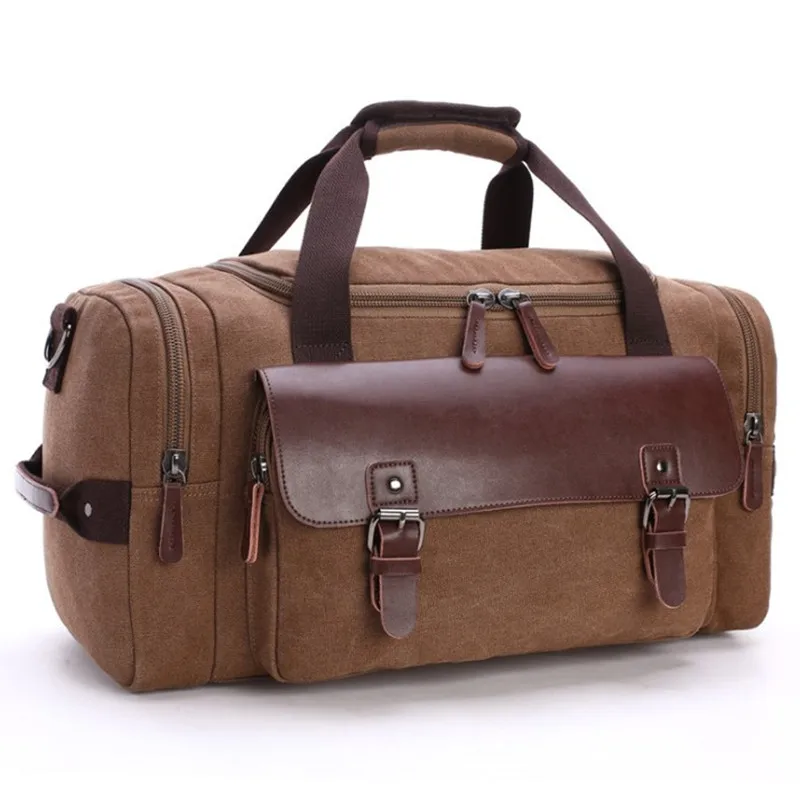 

Men's vintage canvas travel bag durable Thick PU stitching duffel luggage Retro weekend bags woman shoulder messenger handbag