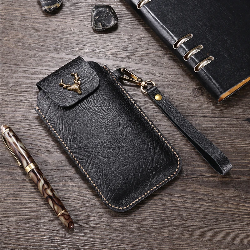 

Wrist Men Genuine Leather Case Mobile Phone Waist Bag Wear Belt Verticle Waist Bag for Samsung Galaxy S Lite C10 J2 Pure On6 7 8