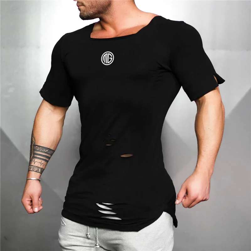 2020 Cotton Men\'s T shirt Vintage Ripped Hole Hip Hop T-shirt Men Fashion Casual Top Tee Men Washed Activewears Fitness Tshirt