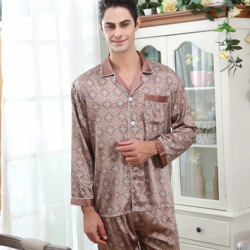 Men\'s Silk Sleepwear Long Sleeve Adult Silk Pyjamas Mens Pajama Sleepwear Set Loungewear Plus Striped Print Plus Size D-2165