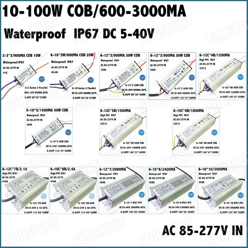 IP67 PF5-100W LED Driver 10W 2-3Cx3B 6-12 Series 20W 30W 40W 50W 60W 70W 80W 100W  0.6-3A DC5-40V Constant Current Free Shipping