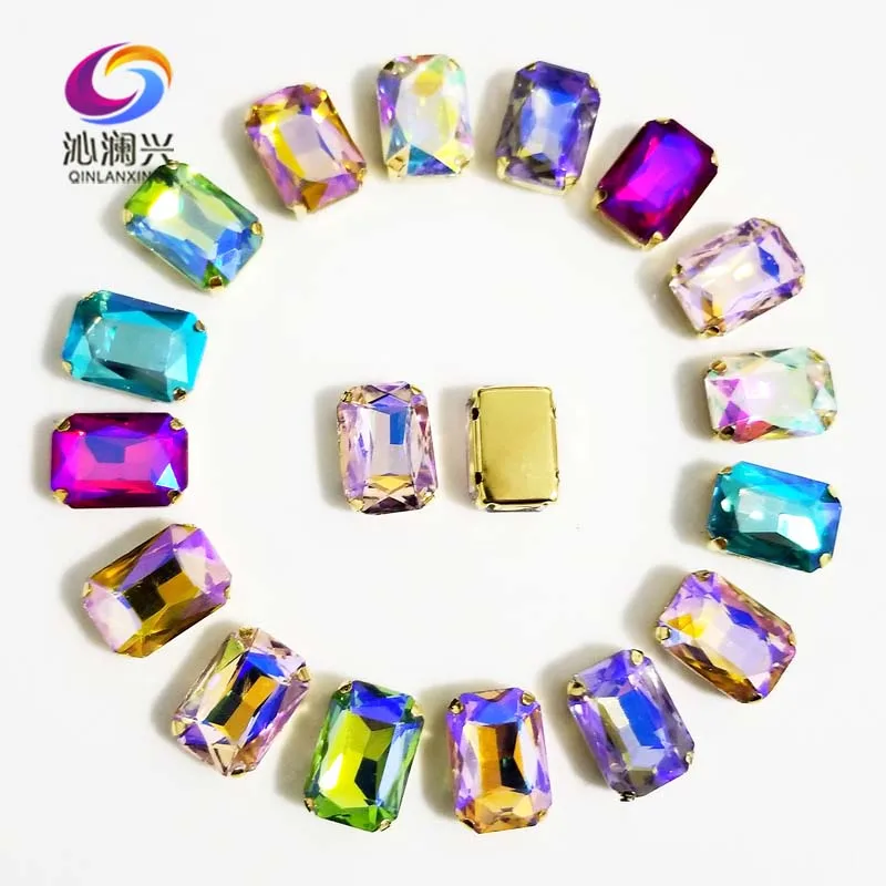 

10x14mm/13x18mm 20pcs/pack Golden bottom Super beauty AB color Rectangle shape Glass Crystal sew on claw rhinestones