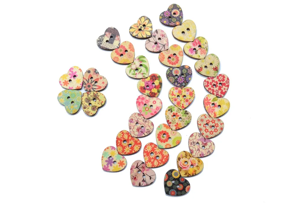 Heart Shaped Painted 2 Hole Wooden Buttons For Sewing, Knitting  Crochet Card  50pcs/lot