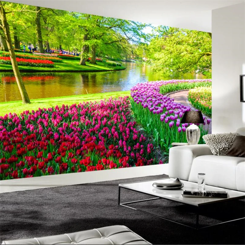 

wellyu Fresh natural scenery trees big tree tulip TV background wall custom large mural wallpaper papel de parede para quarto