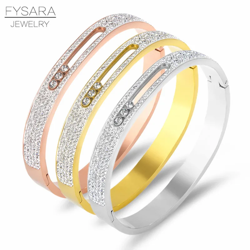 FYSARA Cubic Zirconia Crystals Three Turnable Bangles For Women Slide Love Bangles Luxury Brand Fashion Stainless Steel Bangles