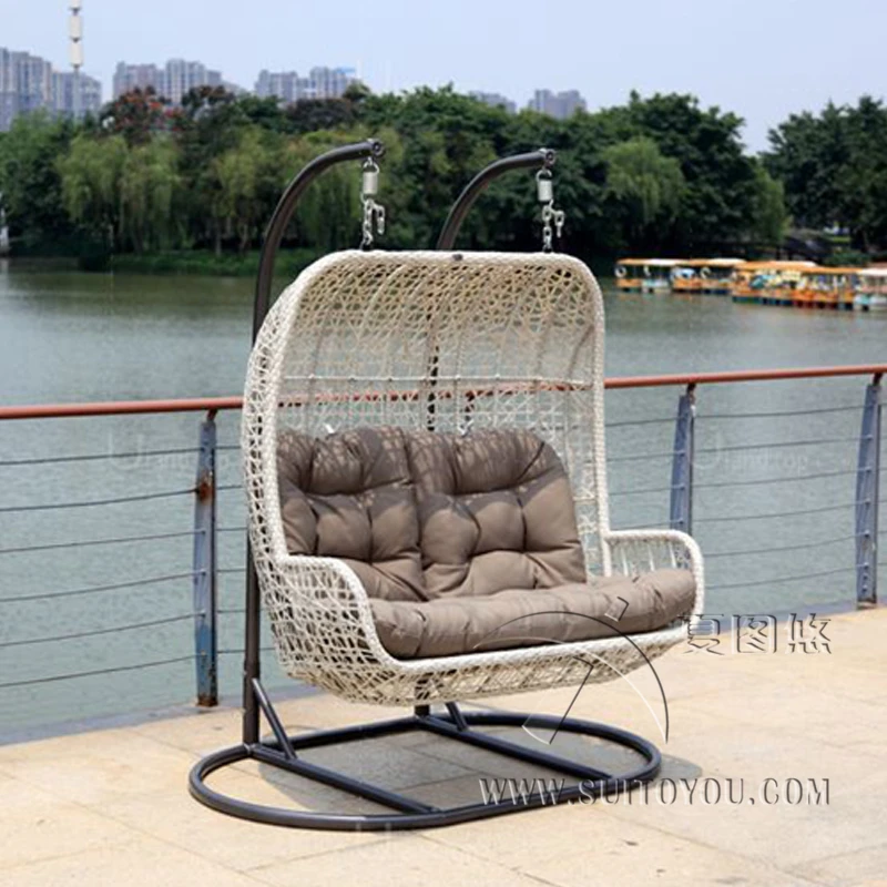 

Love seater hanging swing chair metal frame rattan woven stand type Modern adult Bay Swing Chair -egg Basket with Cushion luxury