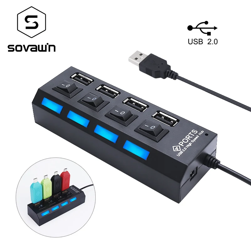 Sovawin Usb Hub 2.0 High Speed 4 Usb Port Splitter Adapter On/Off Switch 480 Mbps Hab for PC / Laptop / Mouse Receiver