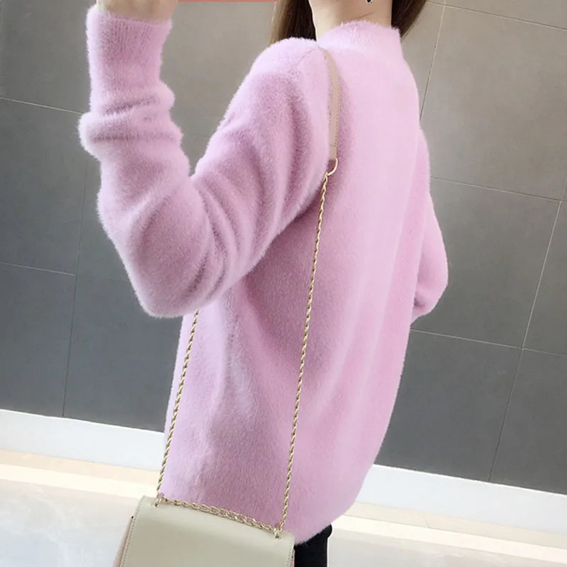 Warm Fall Knitted Faux Mink Fur Pullover Women Long Hair Turtle Neck Tops Ladies White Solid Color Jumper Casual Femme Pull Top