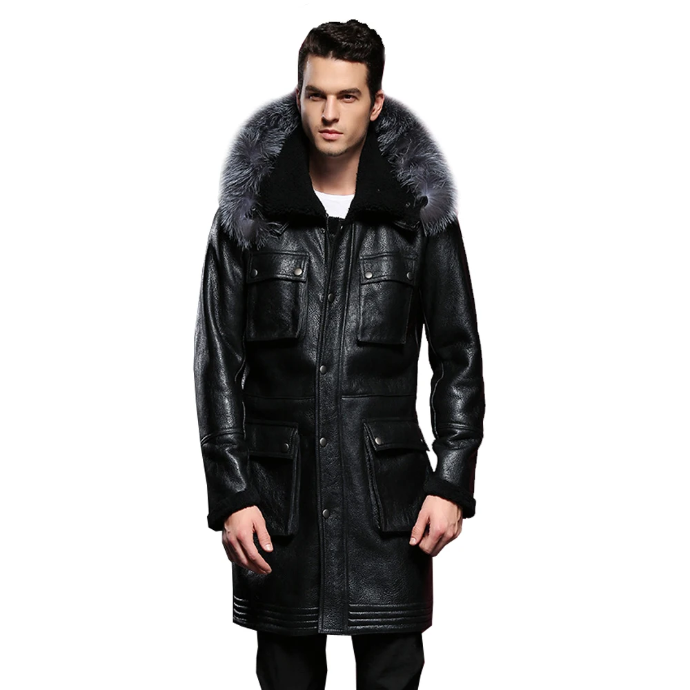 

Detachable Silver Fox Hooded Genuine Leather Sheepskin Fur Coat Male Formal Shearling Clothing Winter Sheepskin Jacket Men Fur