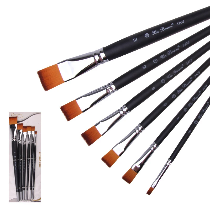 6 pcs set Dual-color Nylon Wood short rod Electroplated Copper Pipe  flat head row pen paint Watercolor Propylene Brush painting