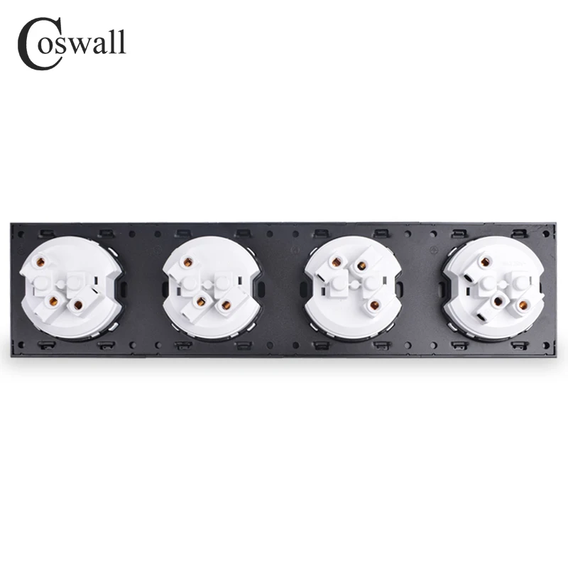 Coswall Black / Silver Grey Brushed Aluminum Metal Panel Quadruple EU Russia Wall Socket Grounded With Children Protective Door