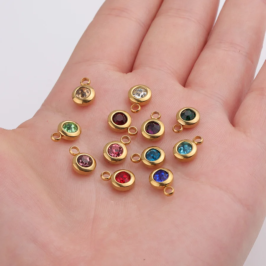 

100% Stainless Steel Birthstone Charms Birthday Stone 6.5mm Colorful Crystal Birthstone Charm Geboortestenen Wholesale 60pcs