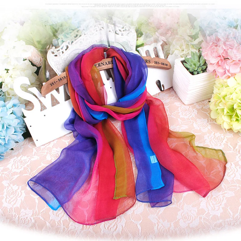 New Arrival Silk Gradient Color Beach Scarf For Women Muslim Hijab  Bandana Chiffon Georgette Long Shawl Summer Sunscreen