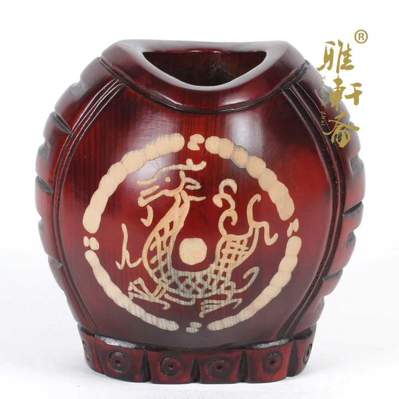 [TZ] hand carved mahogany Zhai Rui pen Zodiac dragon dragons offer auspicious ornaments containing vase