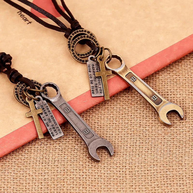 New Fashion Head Layer Cowhide Genuine Leather Punk Style Vintage Wrench Spanner Pendant Skull Necklace Women Men Jewelry N0055