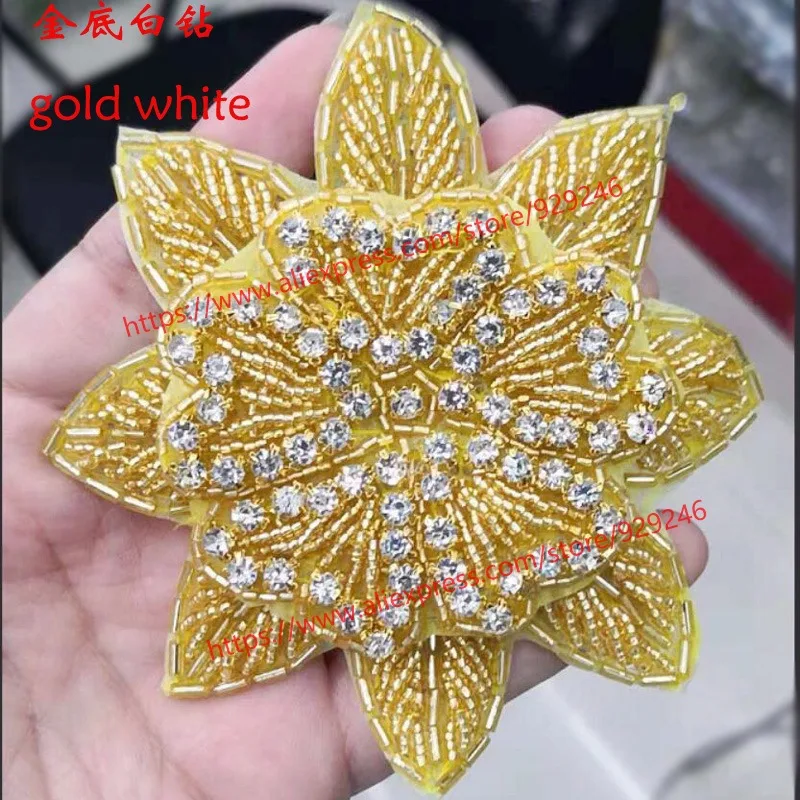 11.5cm round yellow flower trims for dress gold white crystal rhinestone applique for garment bag shoes hat decorative accessory