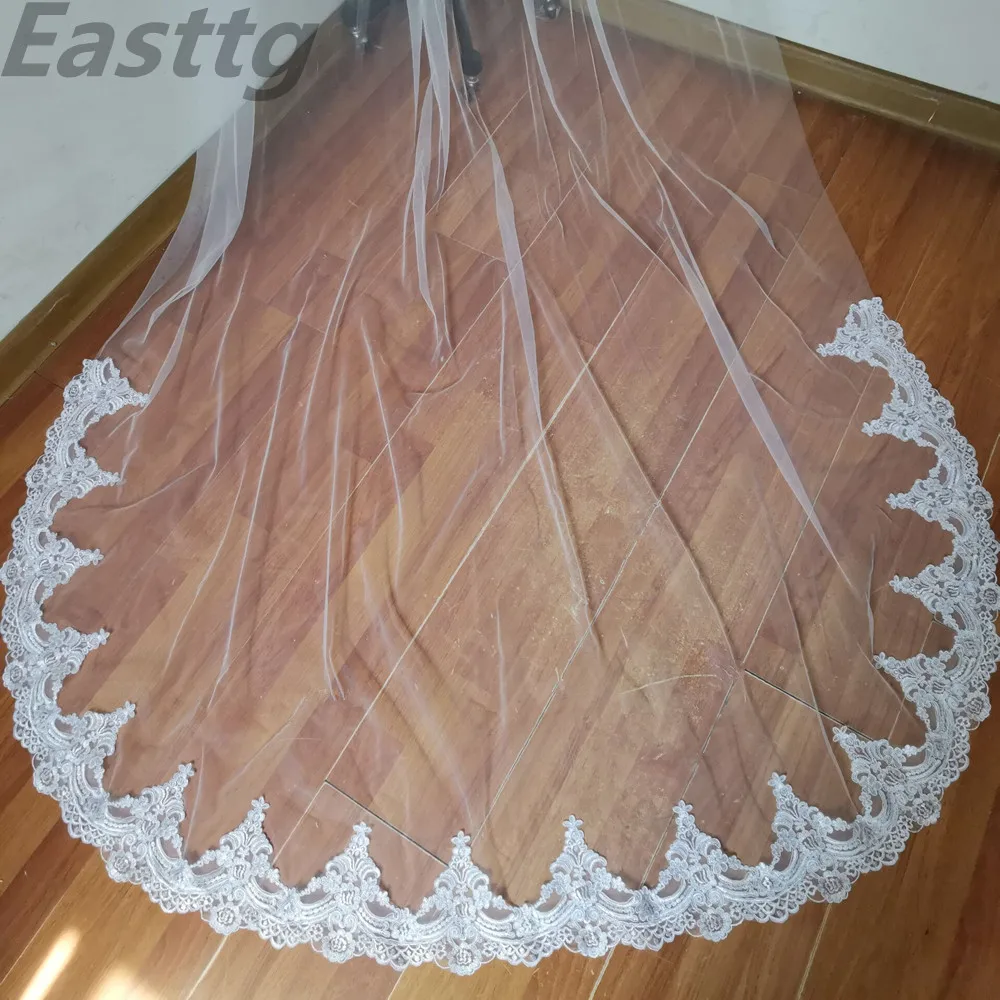 Immagine reale bianco avorio 300cm lunghezza cattedrale veli da sposa uno strato pizzo accessori da sposa velo con pettine Veu de Noiva