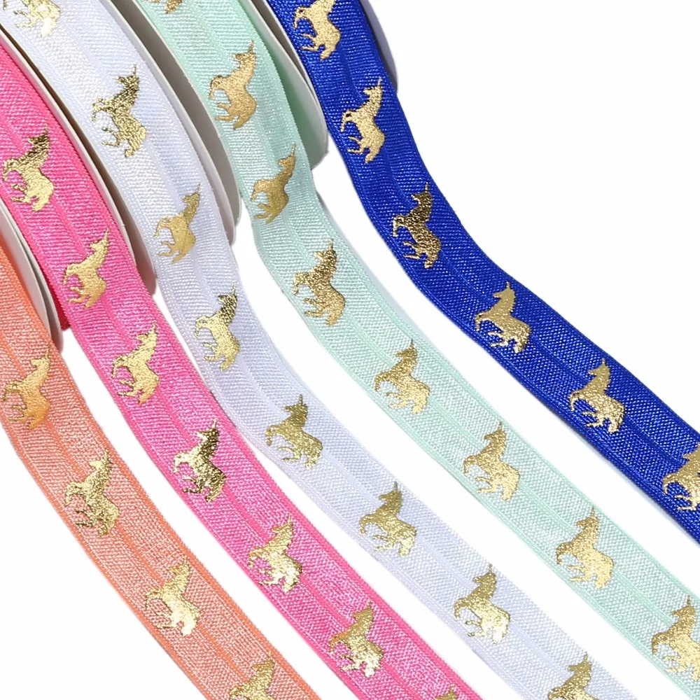 

5/8" gold foil Licorne unicorn FOE fold over elastic for FOE ties garment cloth accessories