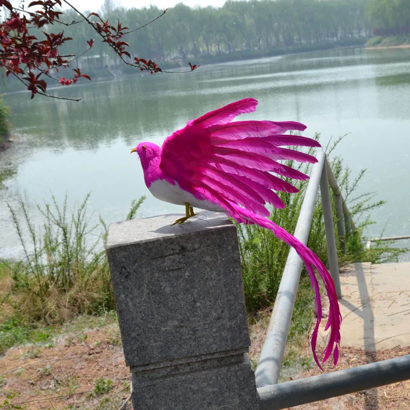 47cm simulation Bird  hot pink feathers long tailed spreading wings bird model garden decoration filming prop gift h1076