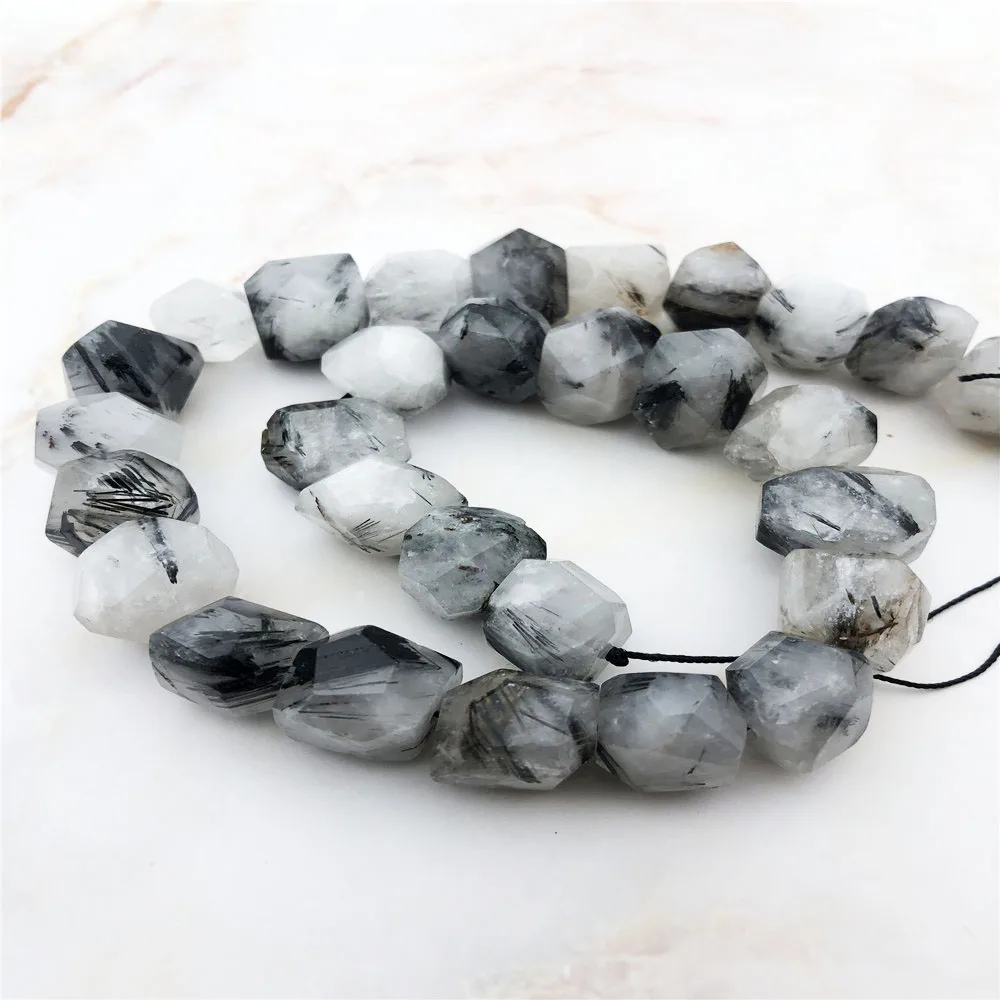 Wholesale Fashion Natural Genuine White Black Hair Rutile Quartz Hand Cut Faceted Nugget Free Form Loose Big Beads 15