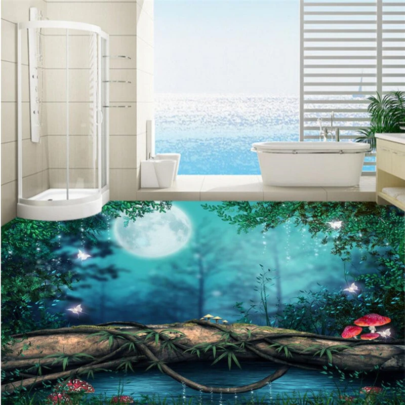 wellyu Custom large-scale mural pvc floor forest single wooden bridge 3D floor waterproof thickening wear-resistant floor