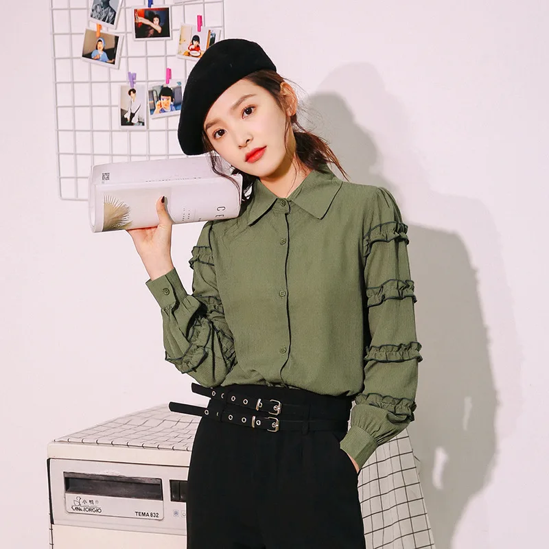 Spring New Green Chiffon Shirt Women Korean Temperament Chic Long Sleeve Blouse Girl Loose Solid Color Preppy Style Top H9169