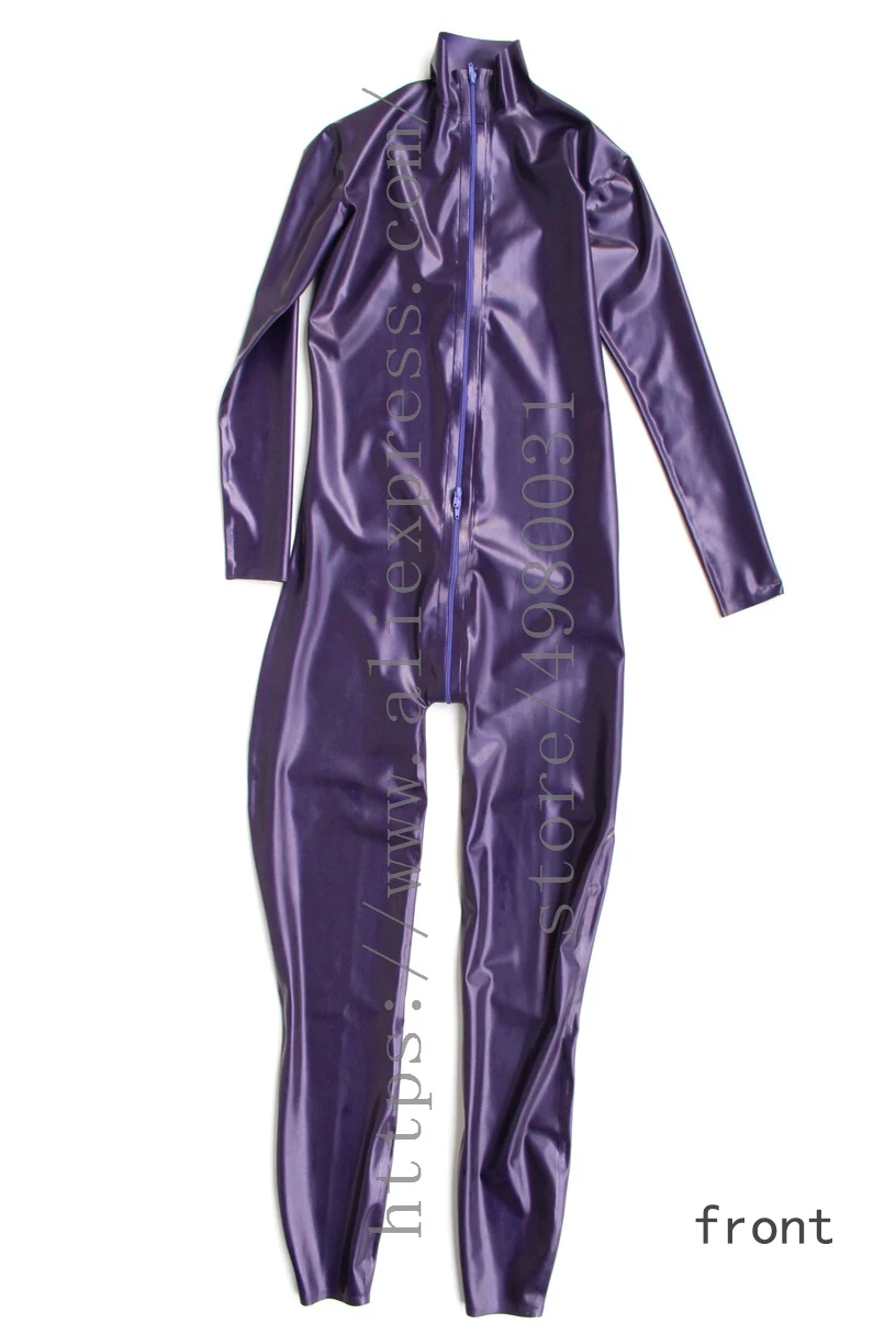 Bling metallic purple latex jumpsuit long sleeve women's latex catsuit rubber with front zip to ass