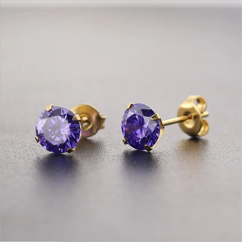 PE84 Titanium Zircon Stud Earrings 6MM Round Colorful Crystal Earring Stainless Steel Jewelry