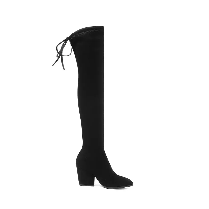 QUTAA 2021 Women Shoes Over The Knee High Boots Pointed Toe Autumn Winter Shoes Women Hoof Heels Flock Women Boots Size 34-43