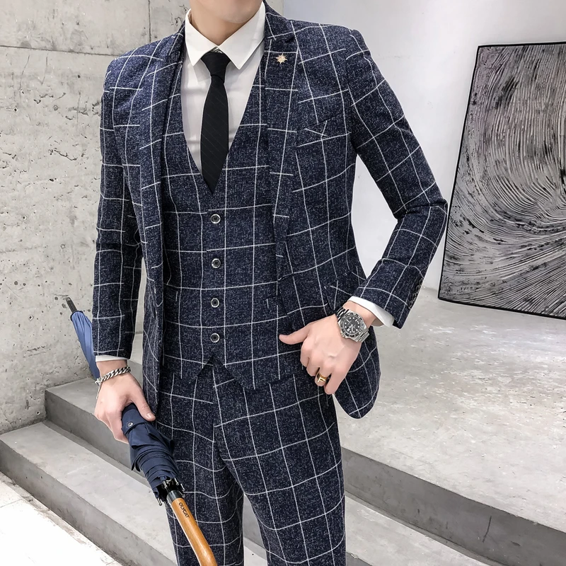 ( Jacket + Vest + Pants ) Men\'s Fashion Boutique Plaid Formal Business Suit Slim Plaid Wedding Mens Suit Beige Gray Black Blue