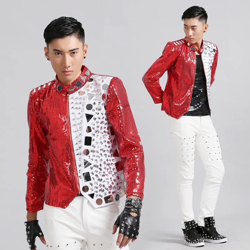 Nightclub Male Singer Bar DJ Rock Punk Mirror Crystals Blazer Jacket Stand Collar Zipper Sequins Outerwear Dancer Dance Costume