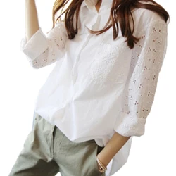 Office White Womens Shirt 탑 & 블라우스 튜닉 플러스 사이즈 여성 블라우스 워크 셔츠 Hollow out 9/10 Sleeves Blusas Femininas