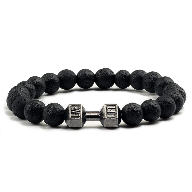 Hot Natural Stone Dumbbell Beaded Bracelet Black Lava Onyx Beads Fitness Fit Life Prayer Bracelets Bangles Barbell Men Jewelry