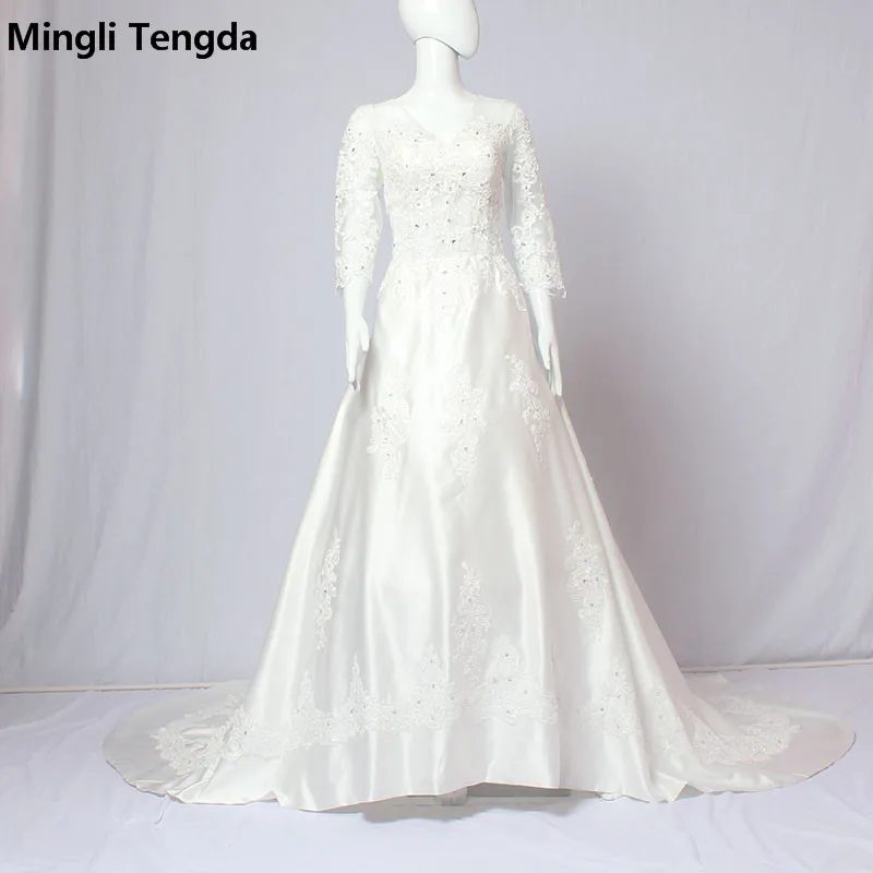 Mingli Tengda Design Custom Made Wedding Dresses 3/4 Sleeve Dresses Royal Train Wedding Dress Beaded V-Neck Satin Bridal Gown