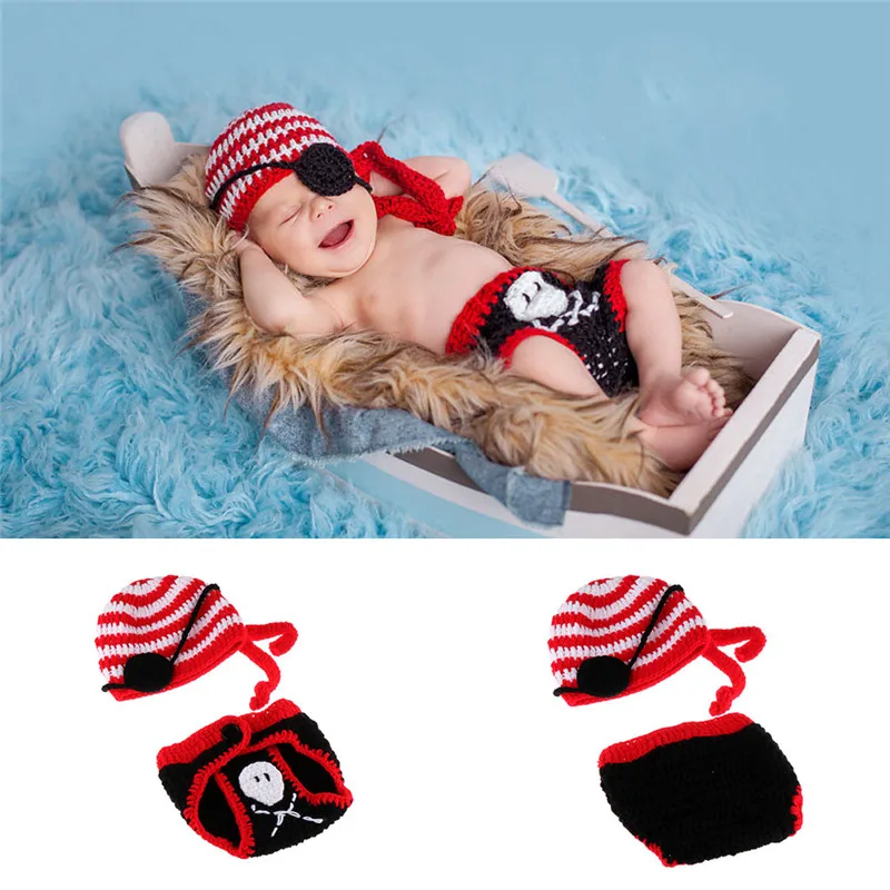 Newborn Baby Crochet Knit Costume Skull Pirate Handwoven Hat Cap Diaper Cover Kids Birthday Photo Shoot Prop Accessories Outfits