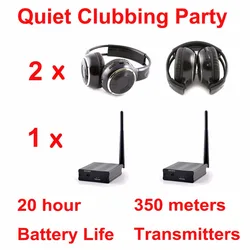 500m Silent Disco System Folding Wireless Headphones - Quiet Clubbing Party Bundle with 2 Foldable Headset + 1 Transmitter