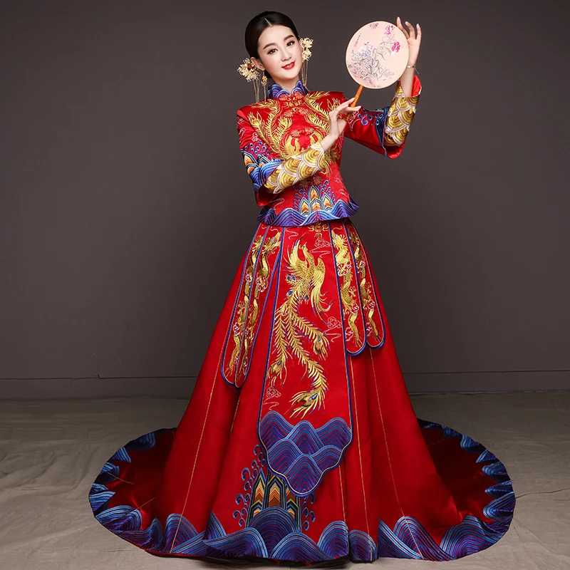 chinese style bride Embroidery cheongsam wedding ceremony Dresses costume evening dress show clothing slim Phoenix Qipao