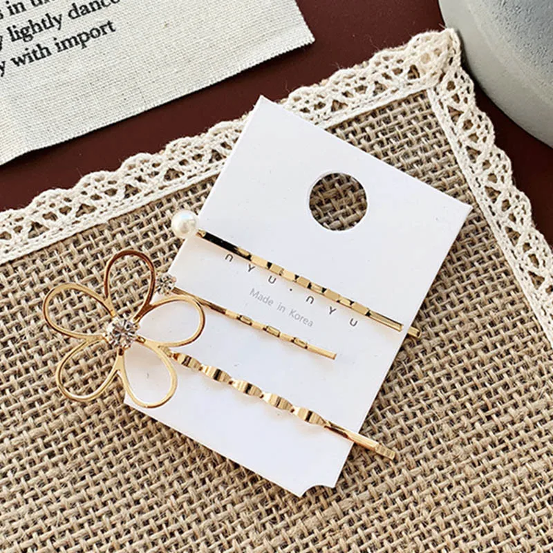 New 1 Set Girl's Hair clips Wavy geometric metal Pearl Flower hairpin set basic bangs clip Korean Hair Accessories Female D2230 image 3