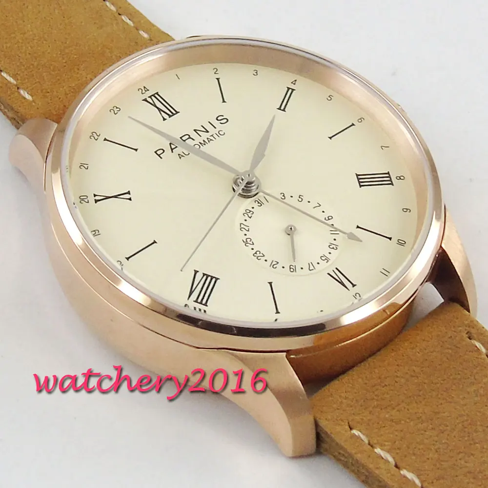 2019 New arrival 42mm PARNIS Rose Golden Dial Calendar Roman numerals Steel Case Luxury Brand Automatic Movement men\'s Watch