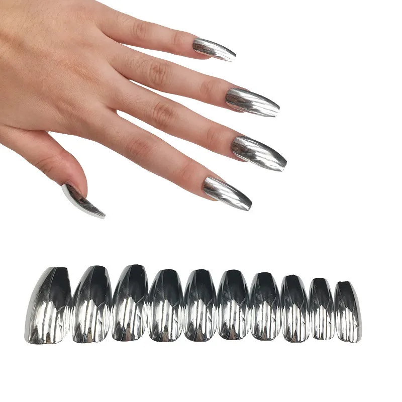 24pcs Coffin False Nails Silver Mirror Designs Full Nail Tip Ballerina Artificial French Fake Nail Tip Salon Decorated Fake Nail