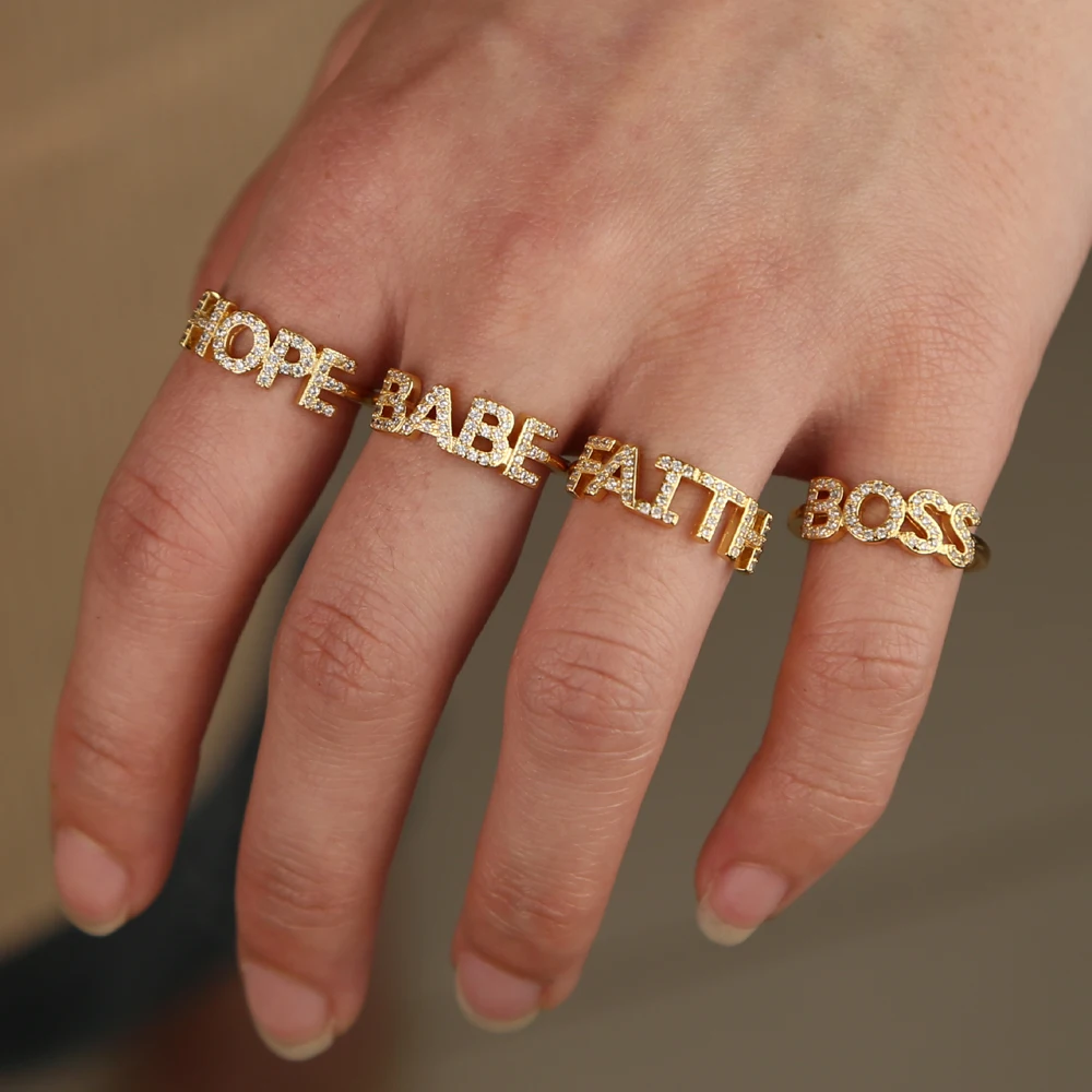customize letter women finger ring gold color size 6 7 8 pave cz fashion meanning engagement rings