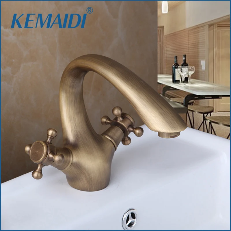 KEMAIDI New Arrival Double Handle Control Antique Brass  Banheiro Bathroom Sink Torneira Tap Mixer Basin Faucet Deck Mounted