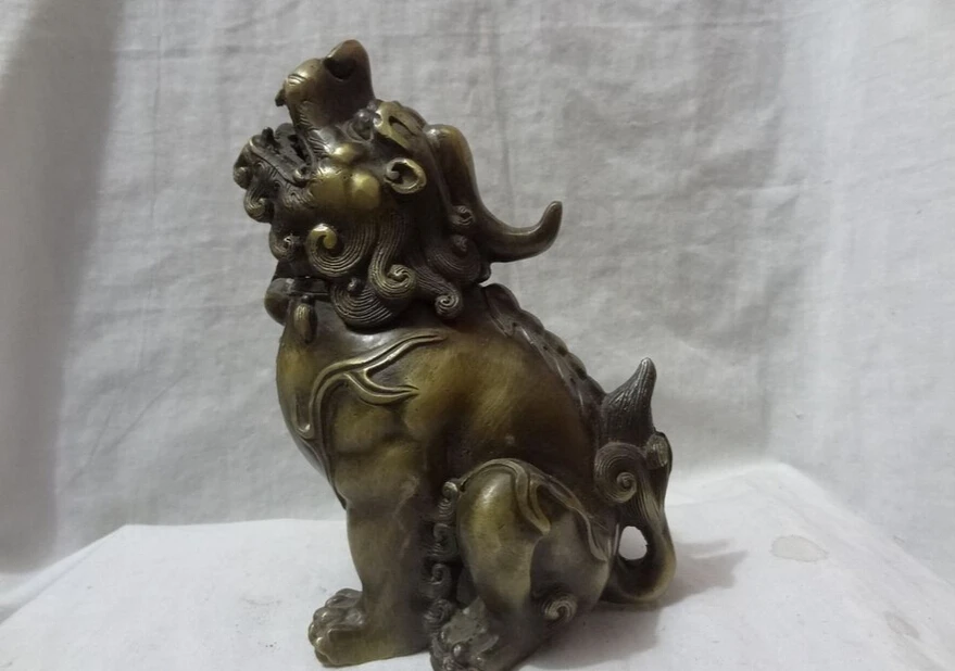 

song voge gem S2780 Chinese Bronze Foo Fu Dog Lion Head Statue Unicorn Box Incense Burner Censer