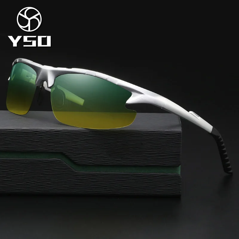 YSO Sunglasses Men Polarized UV400 Aluminium Magnesium Frame HD Night Vision Driving Glasses Semi Rimless Accessory For Men 8123